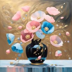 Vibrant pink and blue poppies spill out from a glossy black vase set against a golden-hued background - 763418126