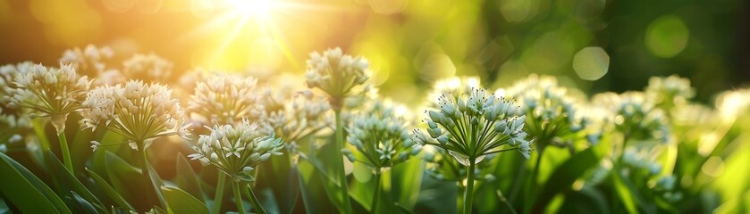 Medicinal herbs plants background - Close up of blooming wild garlic - obrazy, fototapety, plakaty