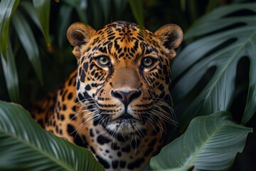 Close-up of a jaguar's face as it peers through dense, green tropical foliage with a deep, penetrating stare