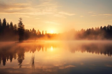 Fototapeta na wymiar Sunrise sky background over a calm lake with mist rising