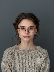 A fresh and natural-looking young woman with glasses poses with minimal makeup