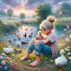 A young girl with a smile holds a small duckling close to her face, sitting by the edge of a tranquil pond at sunset - 763418389