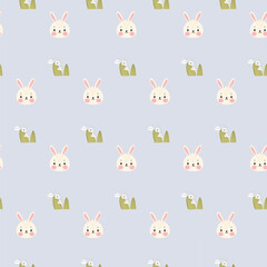 Fototapeta premium Pattern with the head of a cute white rabbit and lilies of the valley. Easter. Spring