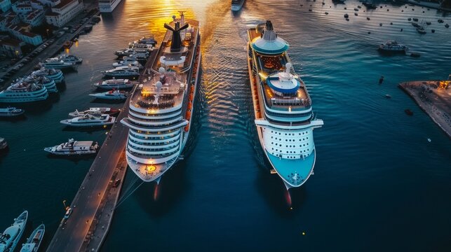 Aerial top view photo of top deck swimming pool in large cruise ship liner crusing in popular destination port