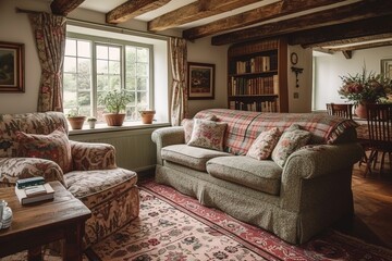 Cottage sitting room decor, interior design and house improvement, living room furniture, sofa and home decor in English country house style