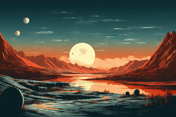 Alien planet landscape with mountains and moon over horizon in retro style.