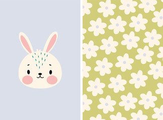 Set of poster with the head of a cute white rabbit and a pattern with white daisies on a green background. Easter