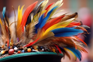 Close up of a hat with feathers on it