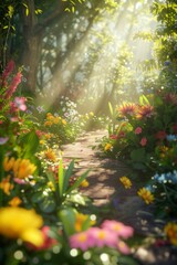 Beautiful garden a path with colorful flowers, dreamy background.