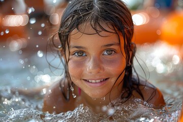 Obraz premium A girl emerges from the water, smiling with sunlit water droplets around her