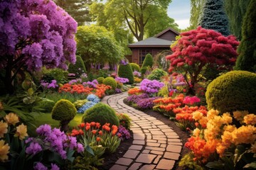 A lush and colorful garden in full bloom during springtime