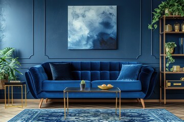 Creative compositon of modern living room interior design with glamour blue sofa, metal shelf, coffee table and elegant home accessories. Dark blue wall. Home staging. Template. Copy space.