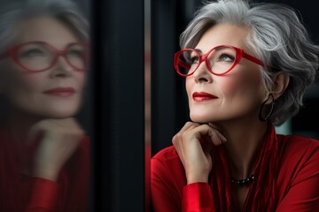 a woman in red glasses - obrazy, fototapety, plakaty