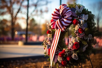 A Patriot Day memorial adorned with wreaths, ribbons, and an American flag in the foreground