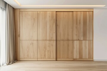 A spacious bedroom boasts a large oak wardrobe with elegant sliding doors, combining functional design with modern aesthetics. - obrazy, fototapety, plakaty