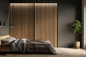 A contemporary bedroom with a striking slatted wood wardrobe offering a blend of modern design and natural elegance - obrazy, fototapety, plakaty