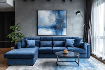 Dark blue sofa and recliner chair in scandinavian apartment. Interior design of modern living room.