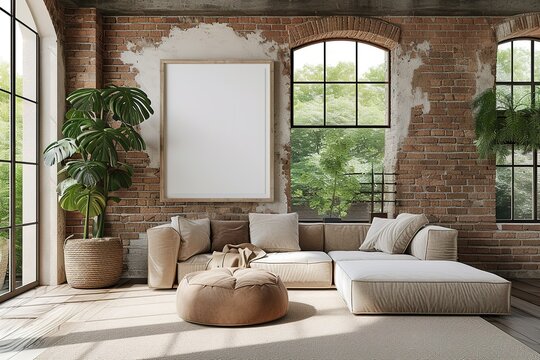 Cozy living room interior with large window and white poster