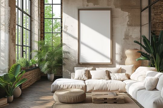 Cozy living room interior with large window and white poster