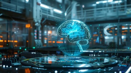 Neural artificial intelligence (AI) brain in factory lab for futuristic research