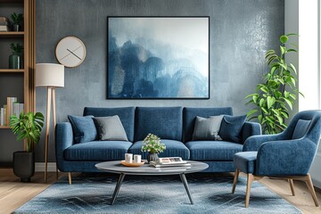 Dark blue sofa and recliner chair in scandinavian apartment. Interior design of modern living room.