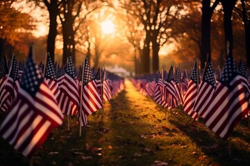 A sea of American flags planted in a park for a Patriot Day memorial display