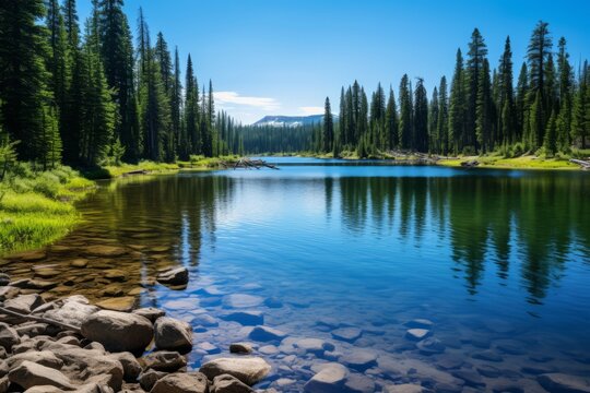 A serene image of a tranquil lake surrounded by lush tree