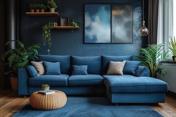 Fototapeta na wymiar Dark blue sofa and recliner chair in scandinavian apartment. Interior design of modern living room.