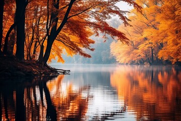 A serene view of a riverbank lined with trees displaying their fall finery