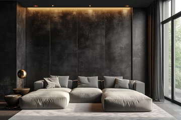 Fotobehang Dark living room interior with black empty wall © interior