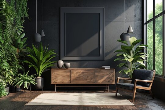Dark contemporary waiting room interior with wooden sideboard