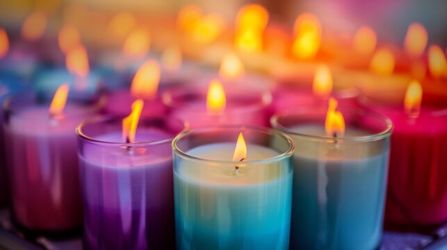 Colorful candles in a row with shallow depth of field for background