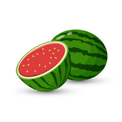 Whole and half fresh watermelon cartoon vector illustration. Watermelon fruit on white background
