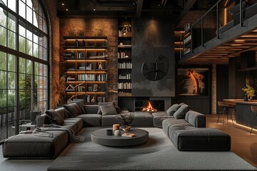 Dark living room loft with fireplace, industrial style with technology - obrazy, fototapety, plakaty