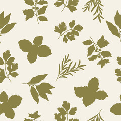 Flat vector herbs seamless pattern. Melissa, rosemary, mint, bay leaf, parsley, basil - obrazy, fototapety, plakaty