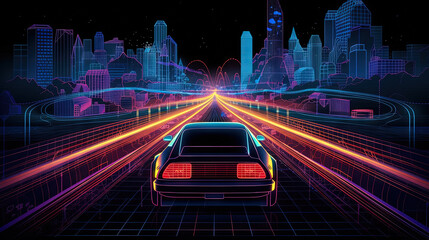 Car ride on the neon road in 80s retro synthwave style. - obrazy, fototapety, plakaty