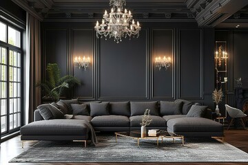 Distinct living room dark interior with luxury gray sofa., indoor design - obrazy, fototapety, plakaty