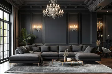 Deurstickers Distinct living room dark interior with luxury gray sofa., indoor design © interior