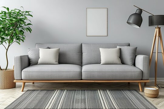 Elegant, gray sofa with wooden legs and lamp in a designer minimalist living room.