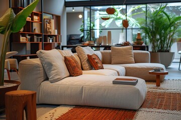Elegant living room with a close-up of a comfortable sofa, area rug, and luxurious modern furniture