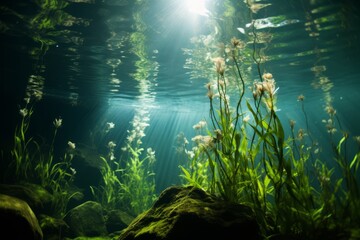 An underwater view of aquatic plants thriving in a clear pond, a testament to the benefits of effective water monitoring - obrazy, fototapety, plakaty