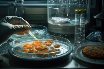 laboratory, cutlets made from mold, algae, microalgae. scientist's hand with test tube, pipette, biotechnologies, artificial food, meat - obrazy, fototapety, plakaty