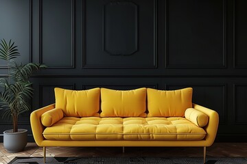 Dark room interior, living room interior mockup, empty black wall and yellow sofa, 3d rendering