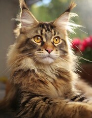 Naklejka na ściany i meble Portrait of domestic Maine Coon kitten - 7 months old. Cute young cat sitting in front and looking at camera. Curious young striped tabby kitty