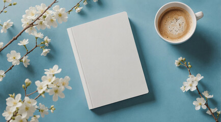 Blank book cover template laying on blue background with a cup of coffee and spring flower branch....