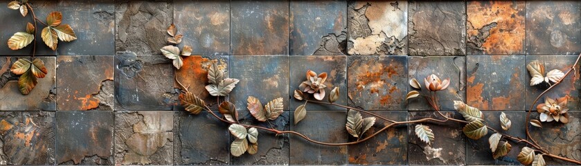 Old brown gray rusty vintage worn shabby patchwork motif tiles stone concrete - obrazy, fototapety, plakaty