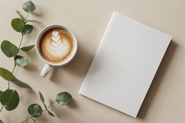 Blank book cover template laying on beige background with a cup of coffee and eucalyptus branch. Front, top view of empty book mockup in cosy environment and pastel colours