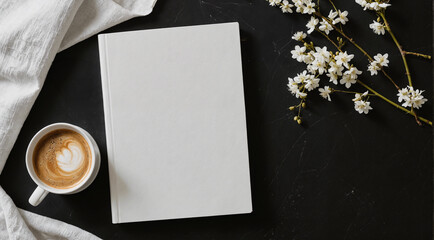 Blank book cover template laying on black background with a cup of coffee and spring flower branch. Front, top view of empty book mockup in cosy environment