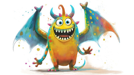 Illustration of a joyful cartoon monster with multicolored wings, horns, and a wide smile, perfect for children's books and playful designs