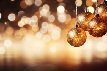 Golden christmas ornaments hanging from a string, adding sparkle to the holiday decorations